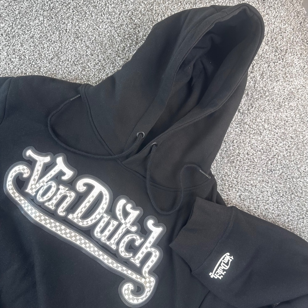 Von Dutch Hoodie Mens XL Black Checkered Logo Flying Eyeball Sweatshirt NEW